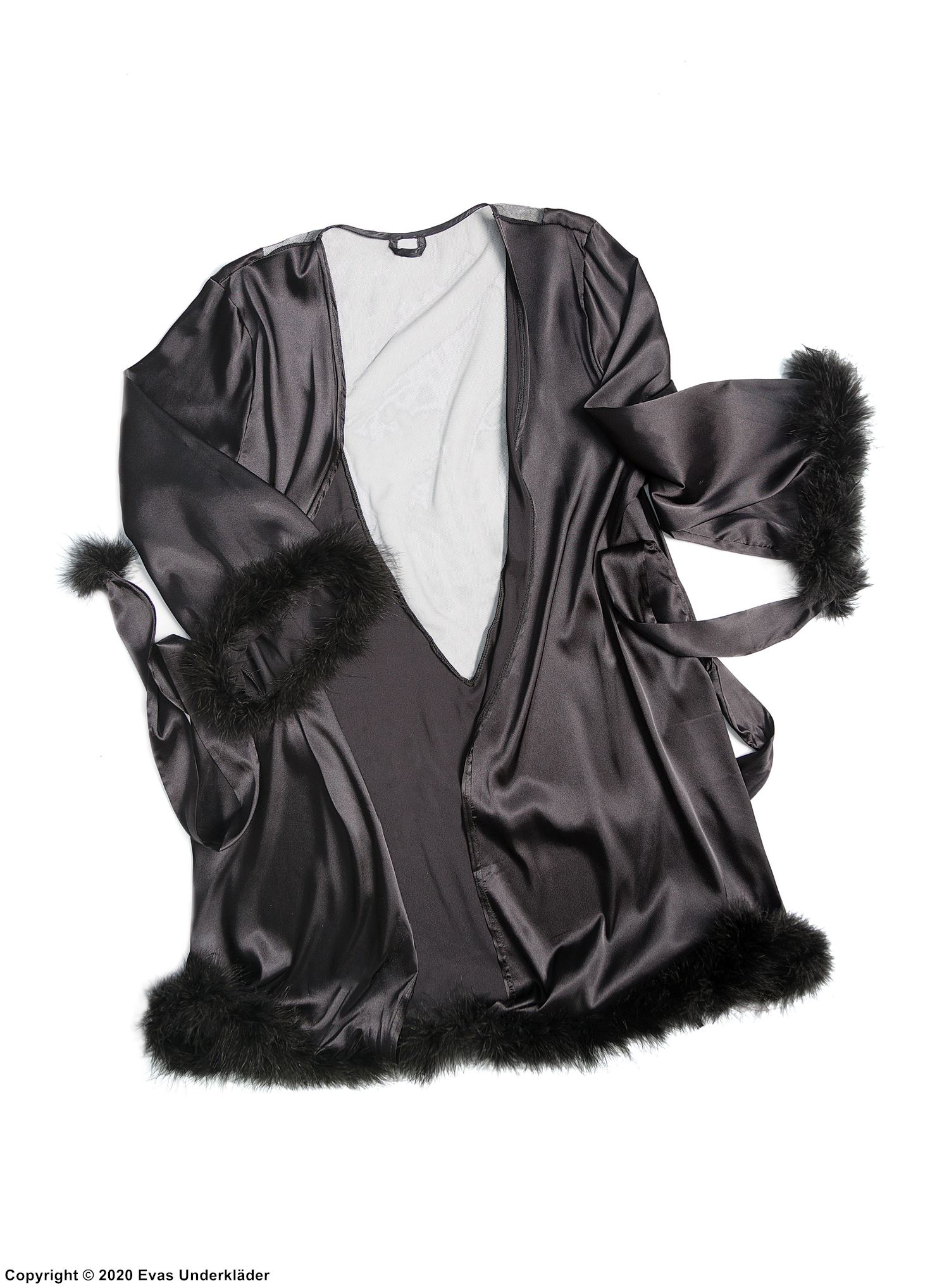 Lounge robe, satin, faux fur, pom pom, plus size